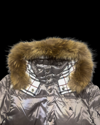 00’s Burberry Black Label Nova Check Real Fur Jacket - Silver Grey